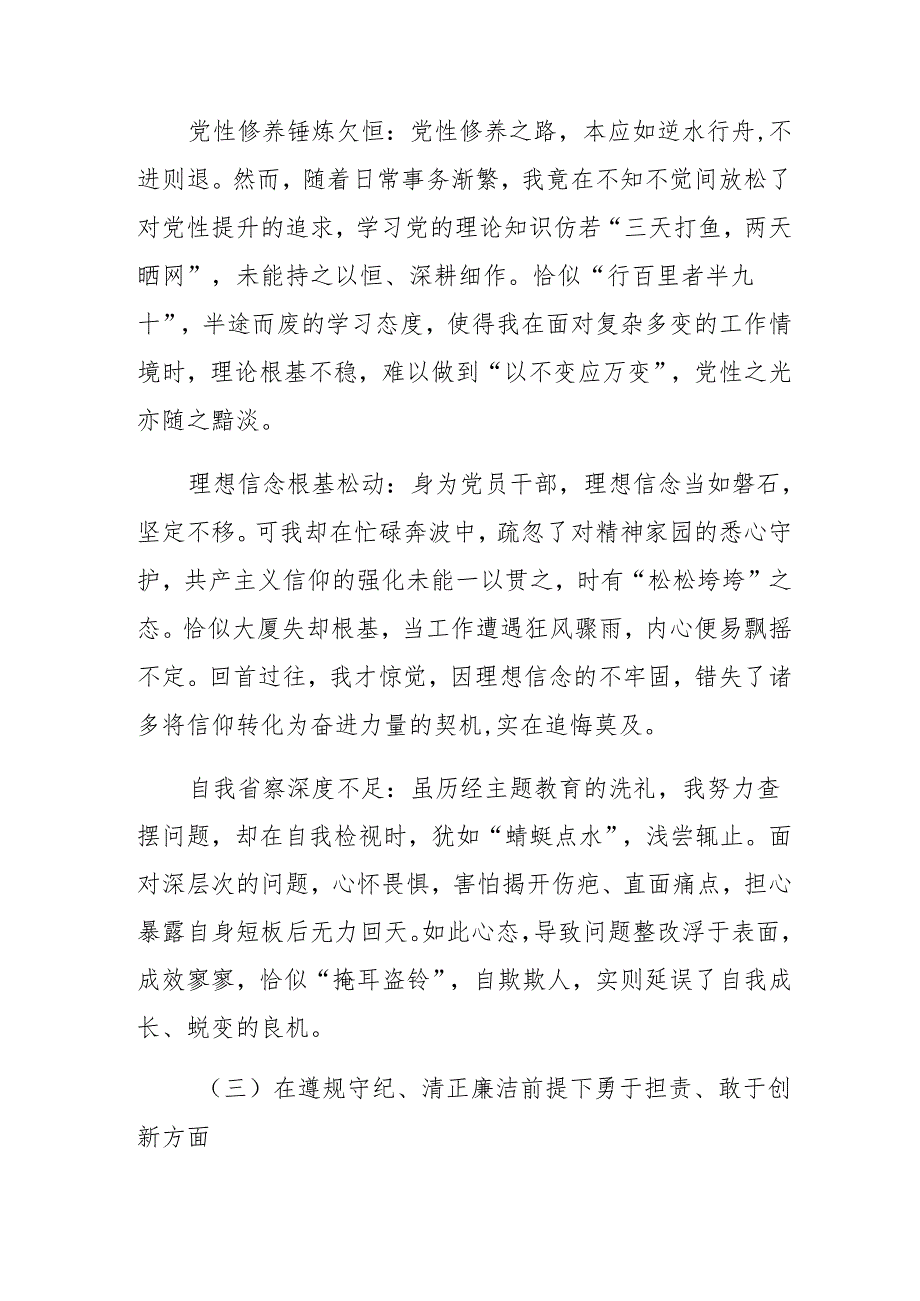 2025年民主生活会对照检查检查材料“带头在遵规守纪、清正廉洁前提下勇于担责、敢于创新方面”等四个方面检视问题.docx_第3页