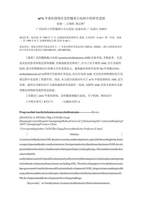 m6A甲基化修饰在急性髓系白血病中的研究进展.docx