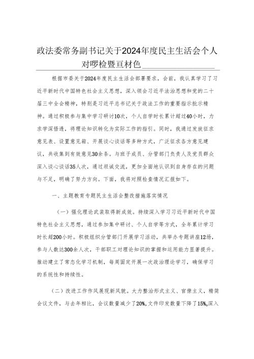政法委常务副书记关于2024年度民主生活会个人对照检视发言材料.docx