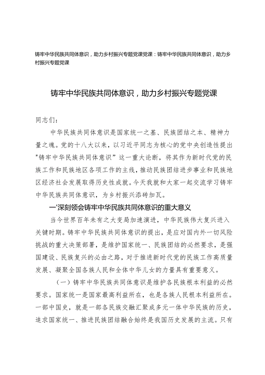 20242025年铸牢中华民族共同体意识助力乡村振兴专题党课讲稿辅导.docx_第1页