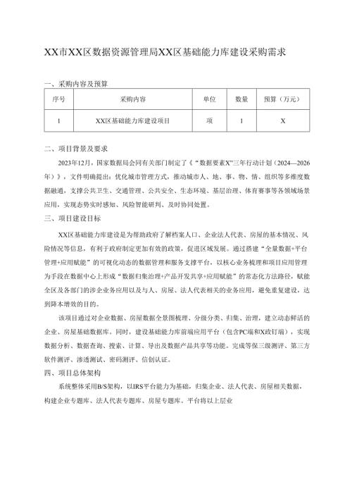 XX市XX区数据资源管理局XX区基础能力库建设采购需求.docx