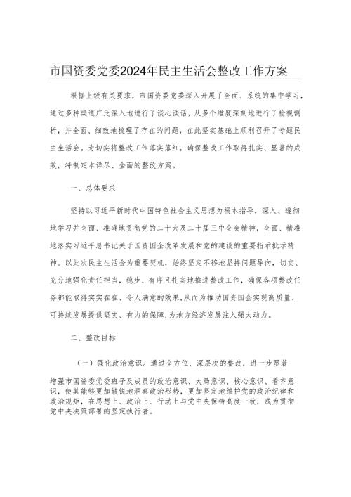 市国资委党委2024年民主生活会整改工作方案.docx