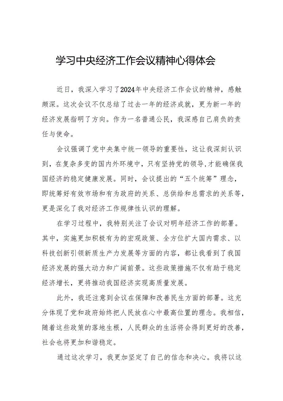 学习2024年中央经济工作会议精神心得体会优秀模板十篇.docx_第1页