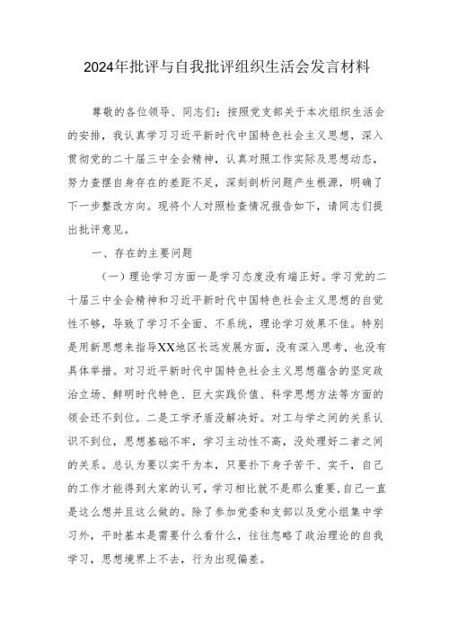 2024年批评与自我批评组织生活会发言材料15.docx