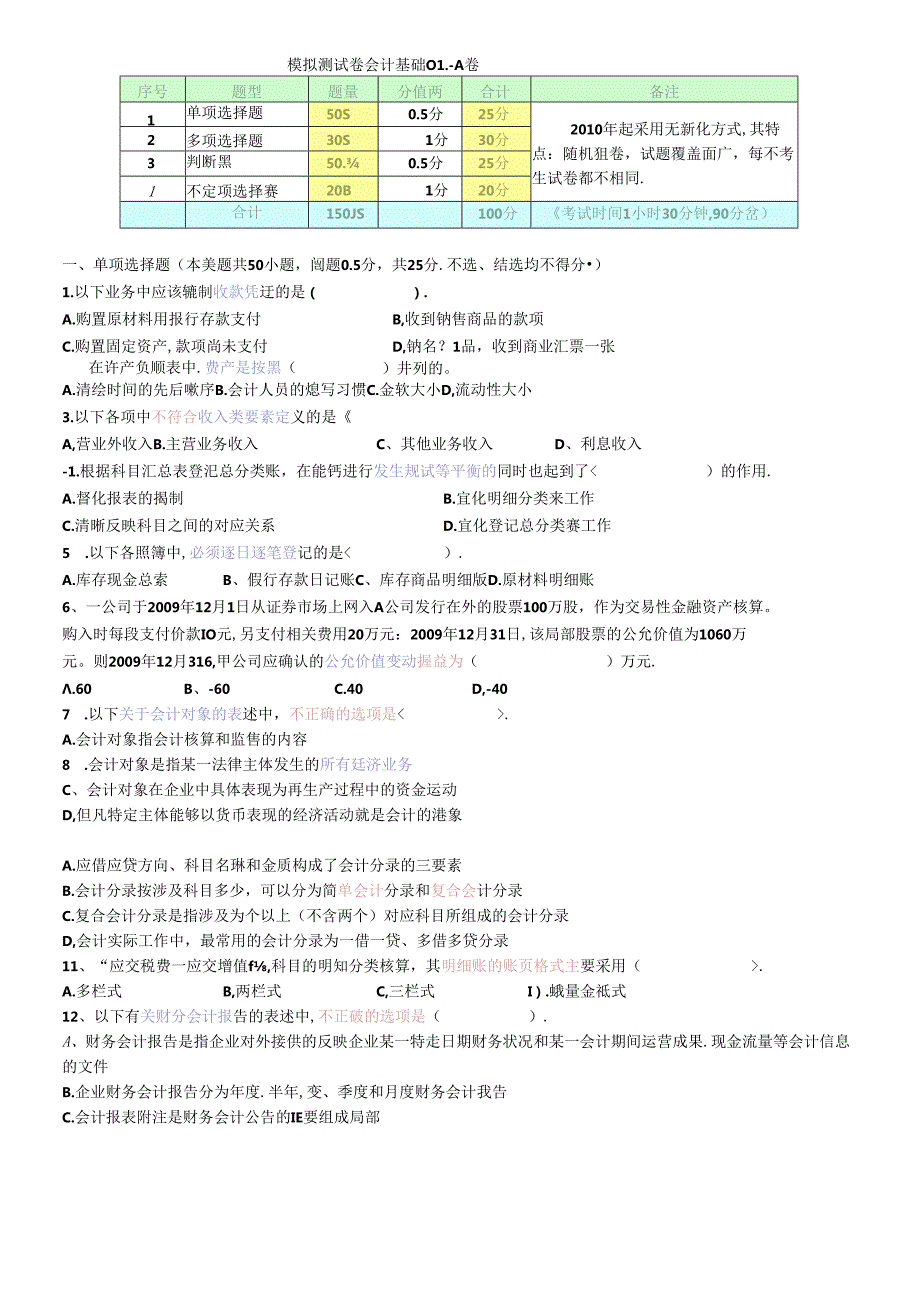 XXXX年会计从业资格模拟测试卷会计基础01A卷(1).docx_第1页
