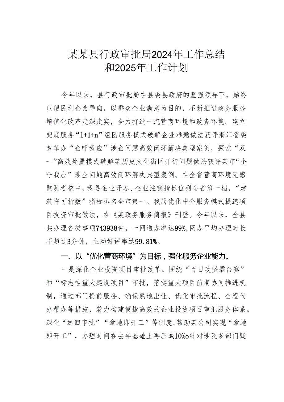 某某县行政审批局2024年工作总结和2025年工作计划.docx_第1页
