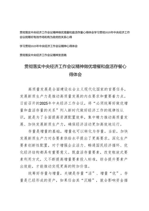 20242025年落实中央经济工作会议精神心得体会发言稿（做优增量和盘活存量）.docx