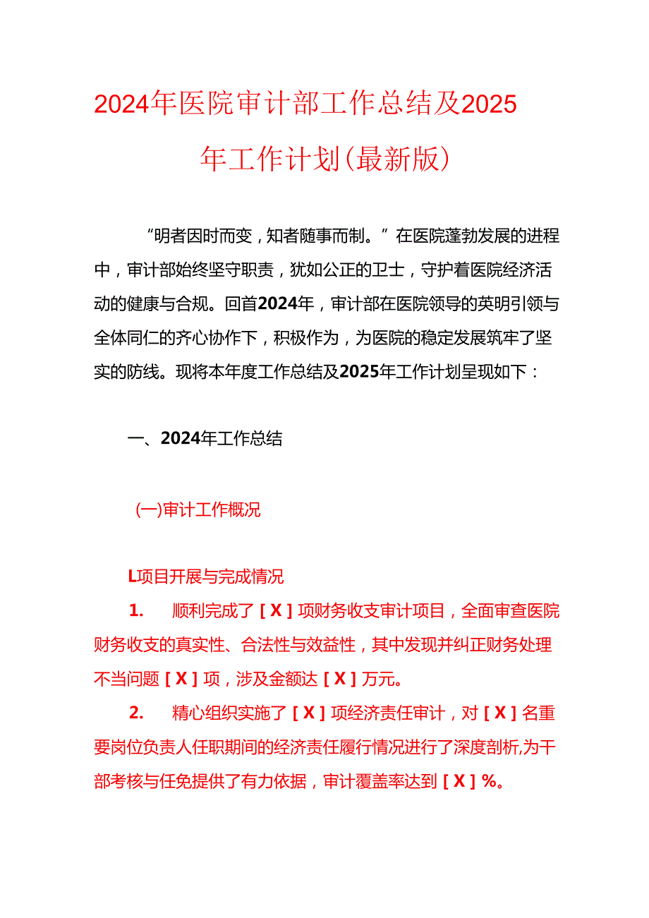 2024年医院审计部工作总结及2025年工作计划（最新版）.docx_第1页