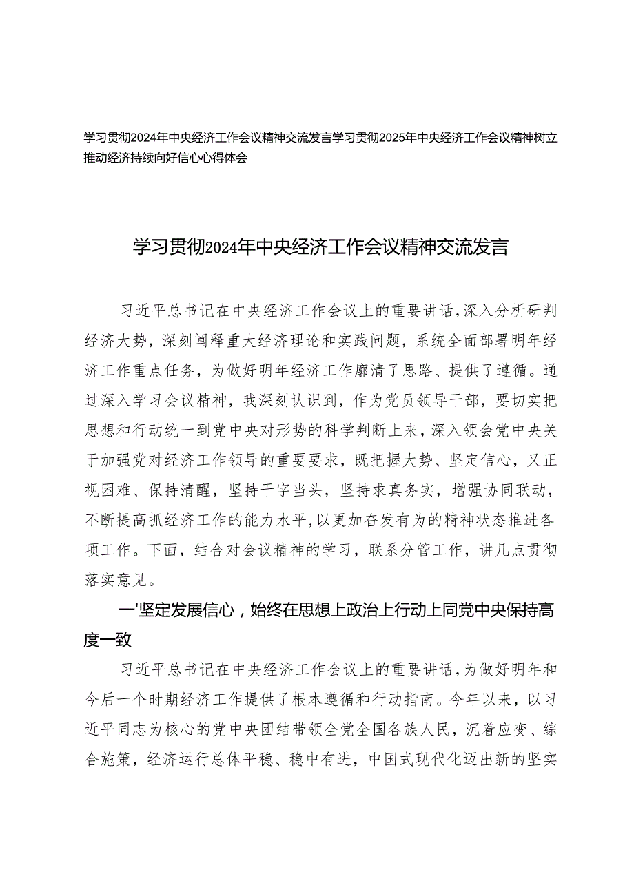 学习贯彻2024年中央经济工作会议精神交流发言、中央经济工作会议精神树立推动经济持续向好信心心得体会.docx_第1页