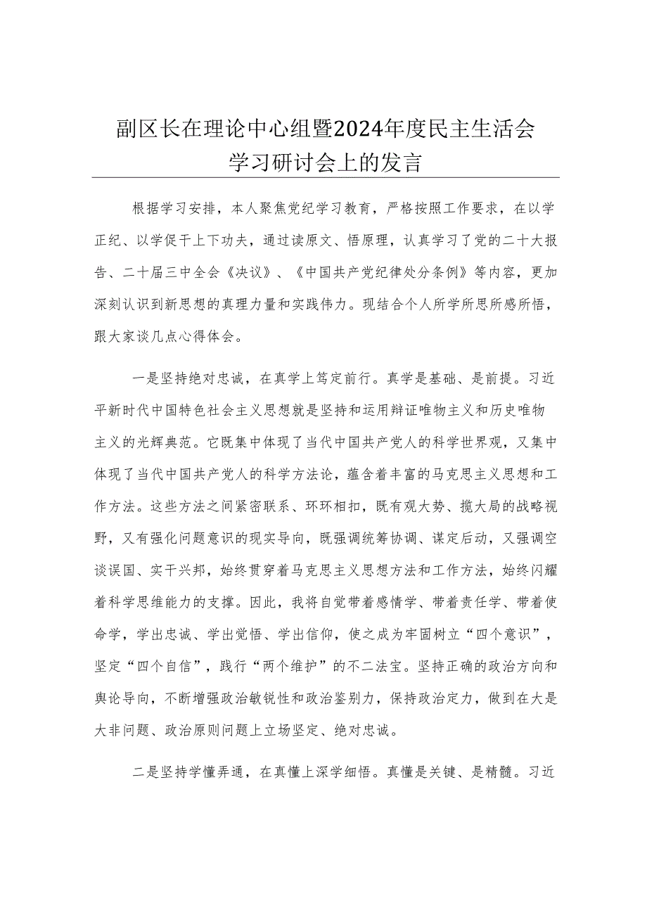 副区长在理论中心组暨2024年度民主生活会学习研讨会上的发言.docx_第1页