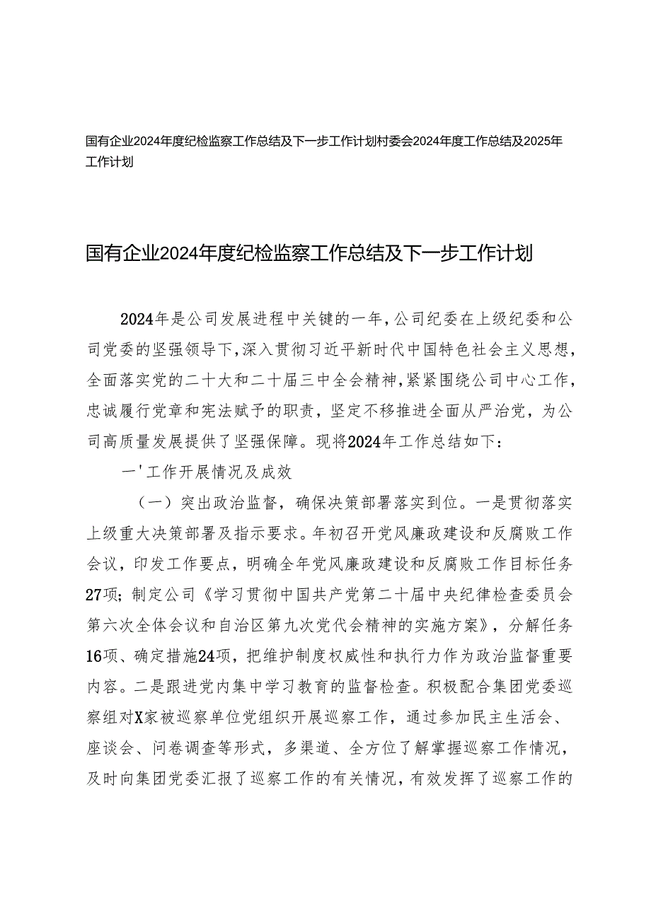 村委会、国有企业2024纪检监察工作总结及下一步工作计划.docx_第1页