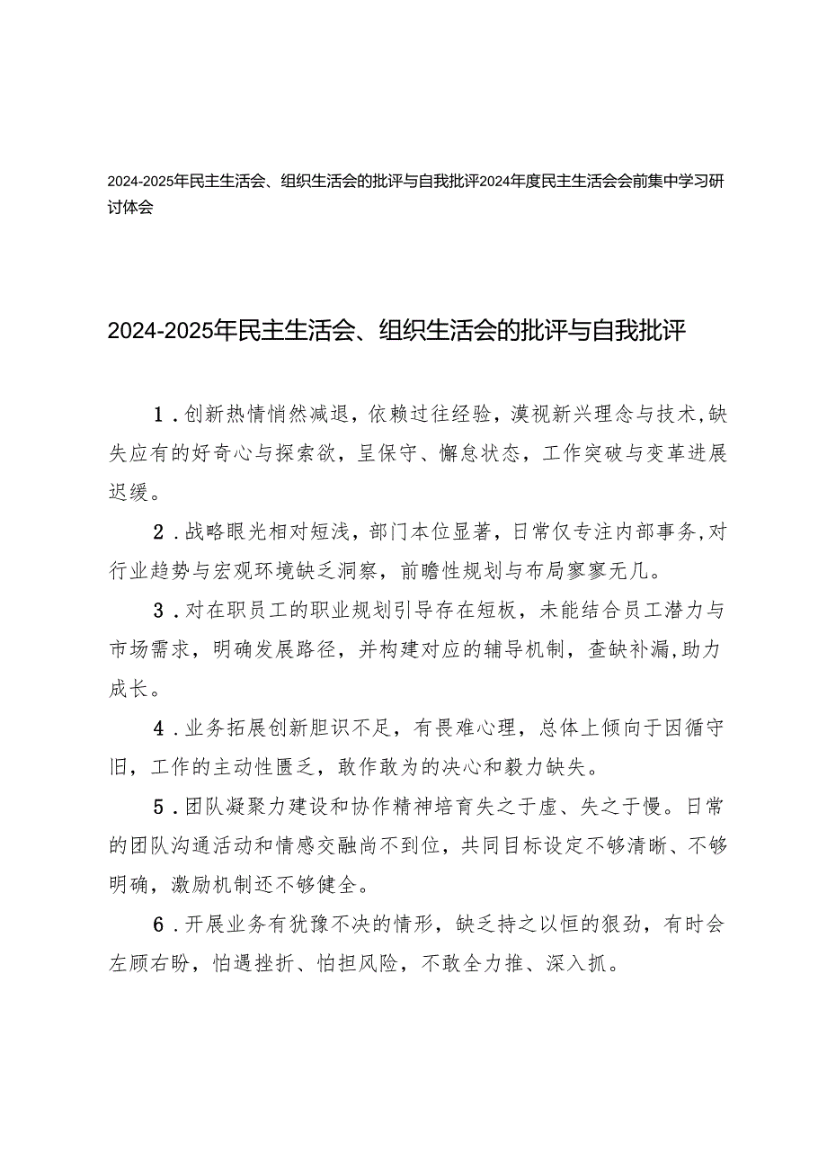 20242025年民主生活会、组织生活会的批评与自我批评+民主生活会会前集中学习研讨体会.docx_第1页