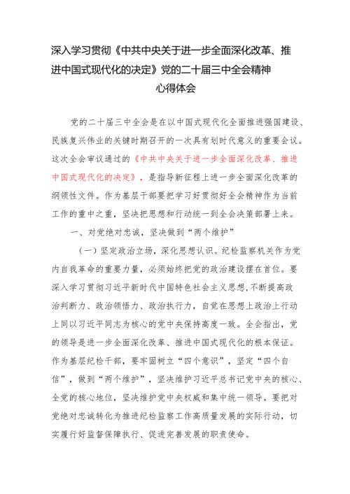 纪检监察干部深入学习贯彻《中共中央关于进一步全面深化改革、推进中国式现代化的决定》党的二十三中全会精神心得体会.docx