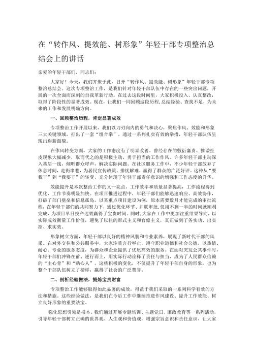 在“转作风、提效能、树形象”年轻干部专项整治总结会上的讲话.docx