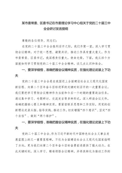 (四篇)某市委常委、区委书记在市委理论学习中心组关于党的二十三中全会研讨发言提纲（最新版）.docx