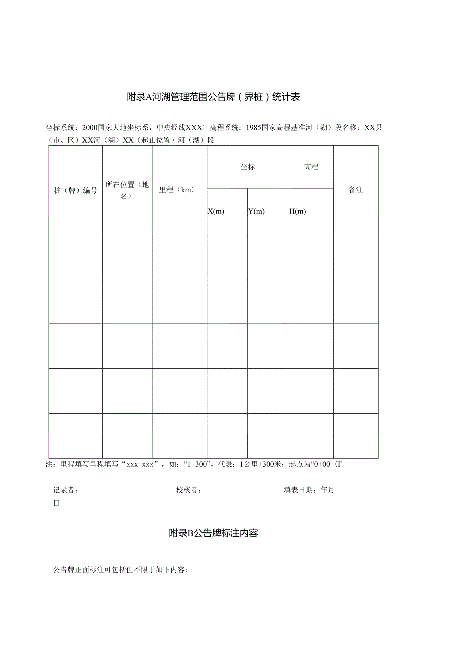 河湖管理范围公告牌（界桩）统计表、公告牌标注内容、划定技术报告编制大纲（格式）.docx_第1页