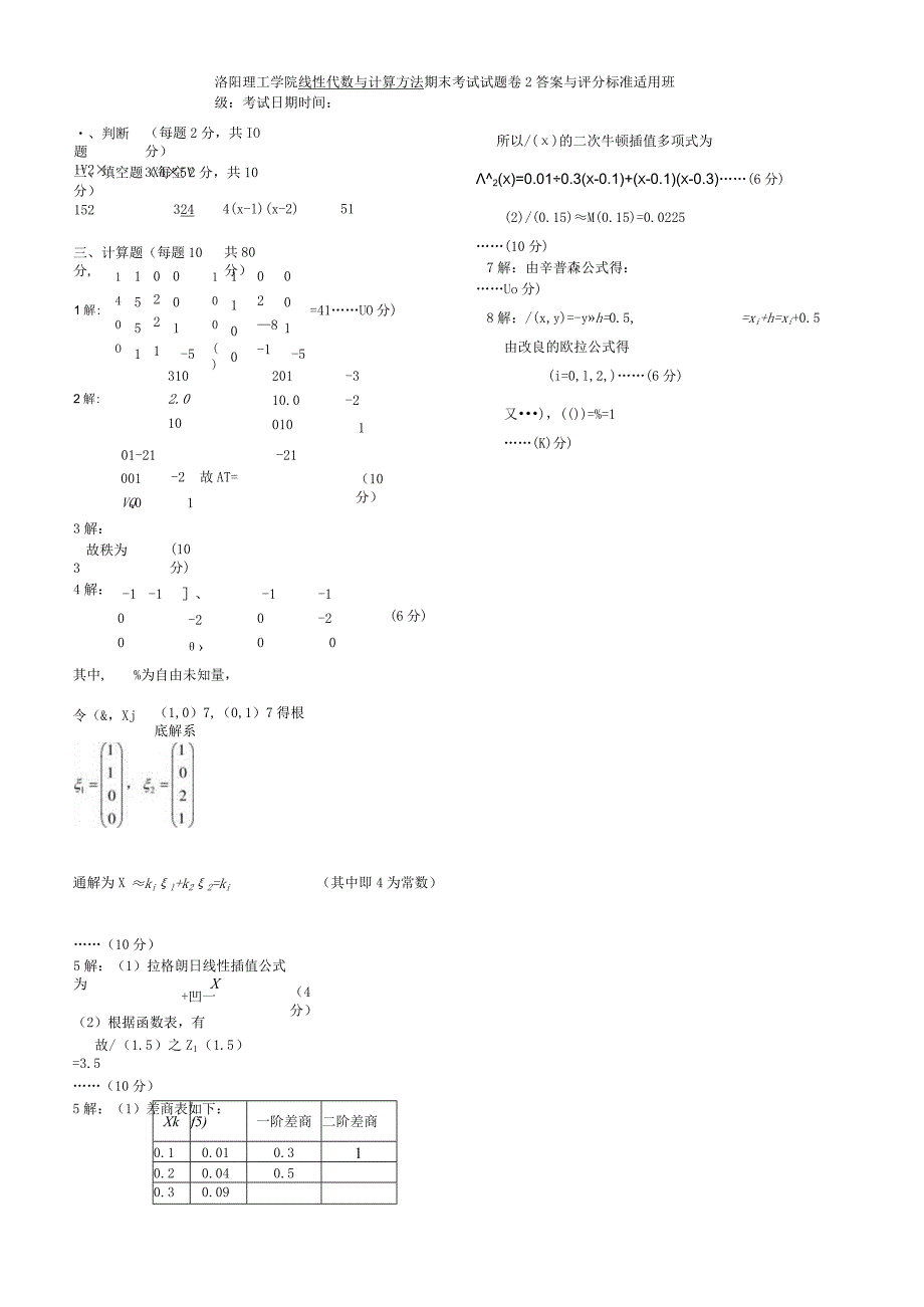 洛阳理工学院线性代数往年考卷2答案及评分标准.docx_第1页