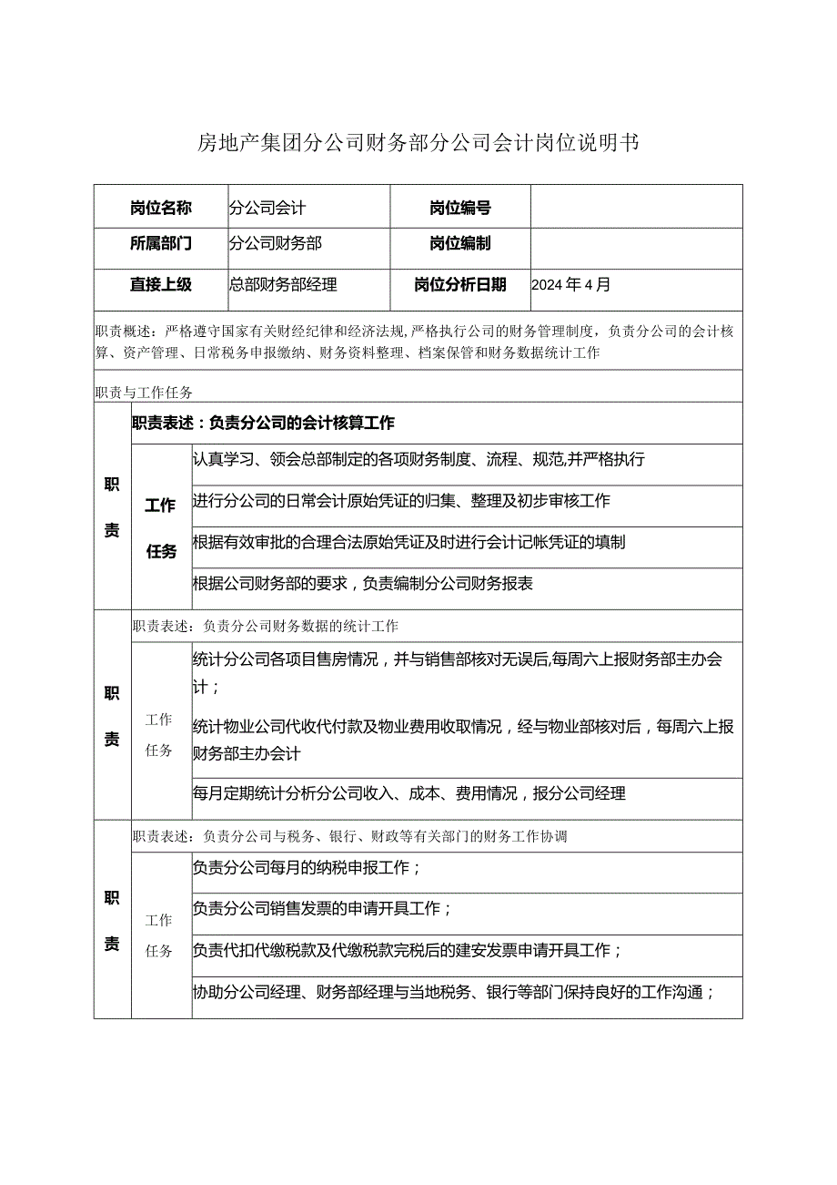 房地产集团分公司财务部分公司会计岗位说明书.docx_第1页