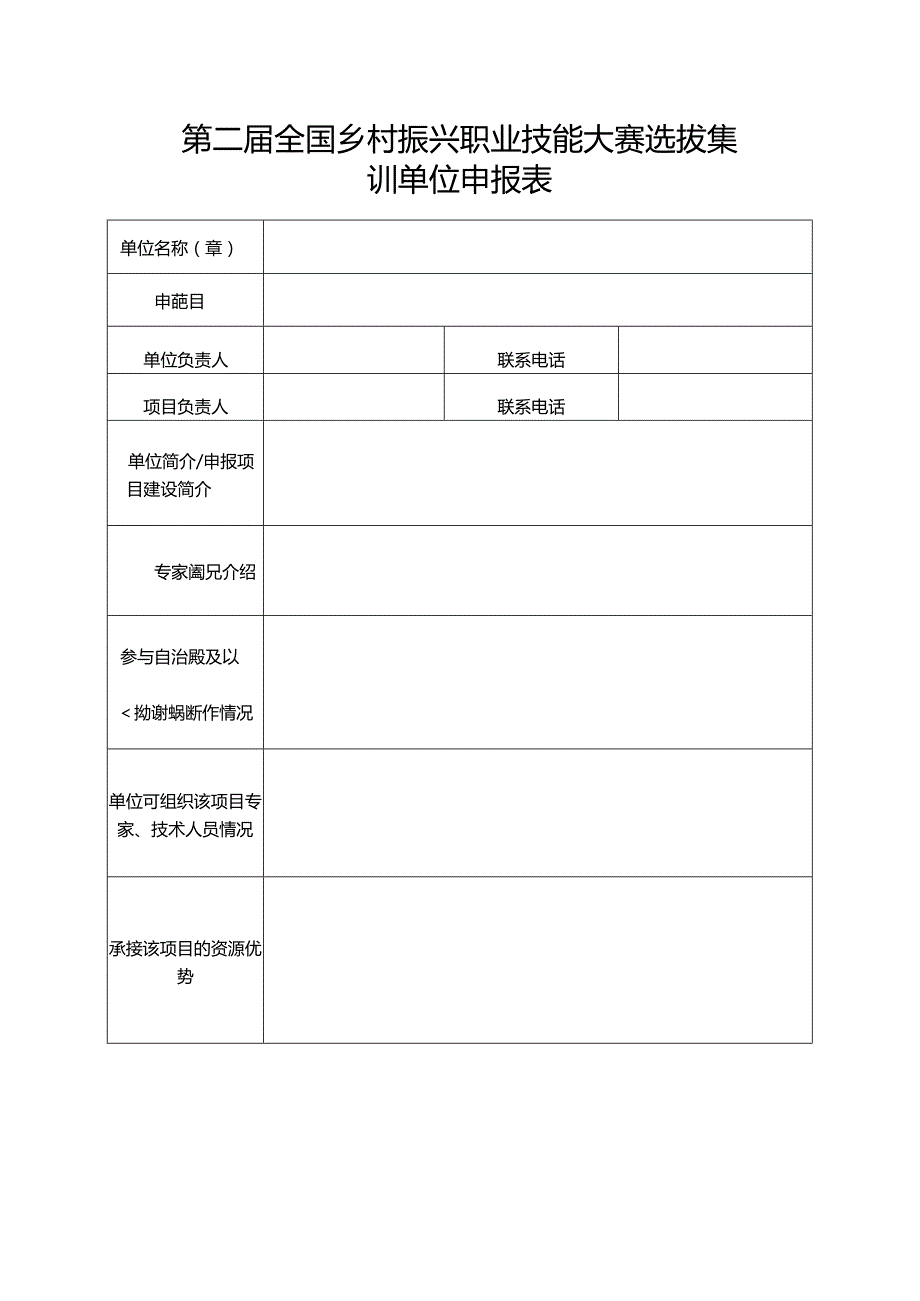 第二全国乡村振兴职业技能大赛选拔集训单位申报表.docx_第1页
