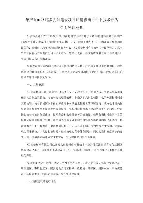 年产1000吨多孔硅建设项目环境影响报告书技术评估会专家组意见.docx