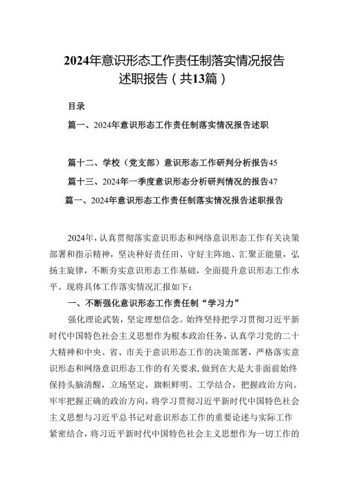 2024年意识形态工作责任制落实情况报告述职报告 （汇编13份）.docx