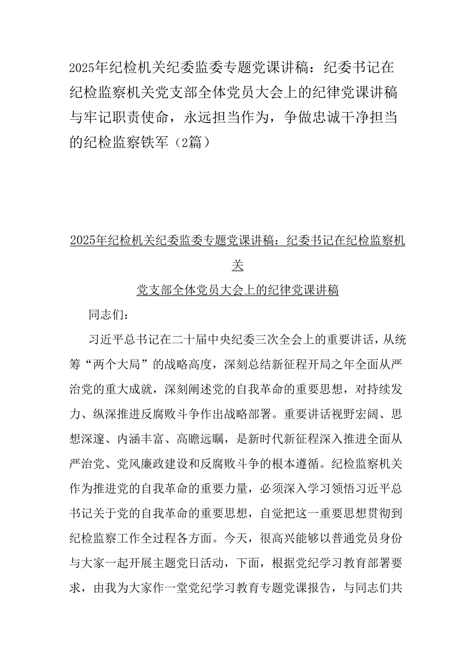 2025年纪检机关纪委监委专题党课讲稿：纪委书记在纪检监察机关党支部全体党员大会上的纪律党课讲稿与牢记职责使命永远担当作为争做忠诚干净.docx_第1页