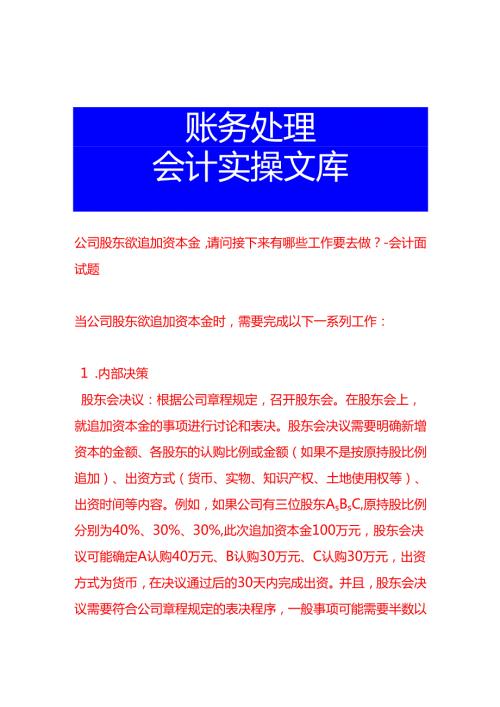 公司股东欲追加资本金请问接下来有哪些工作要去做会计面试题.docx