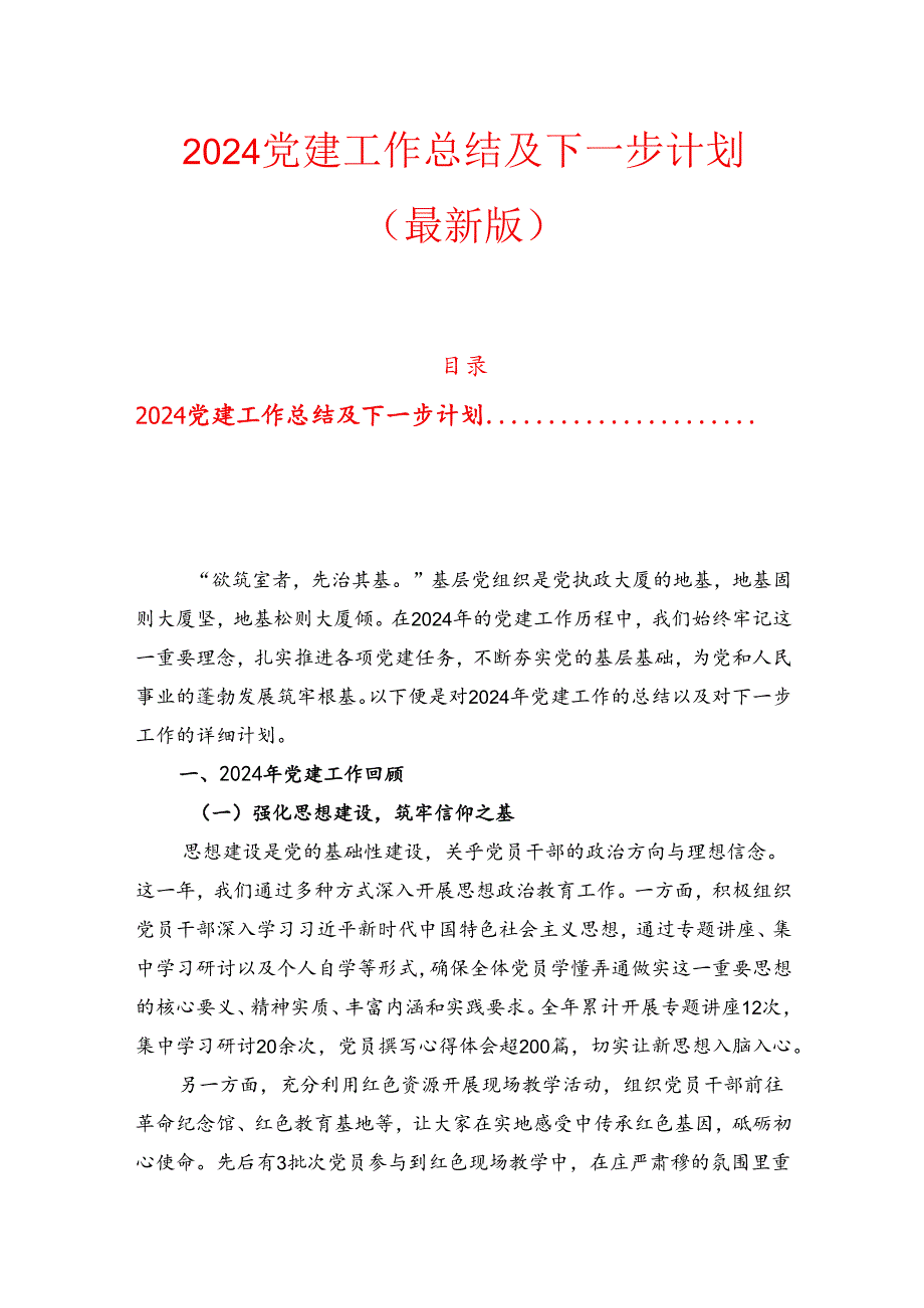 2024党建工作总结及下一步计划（最新版）.docx_第1页