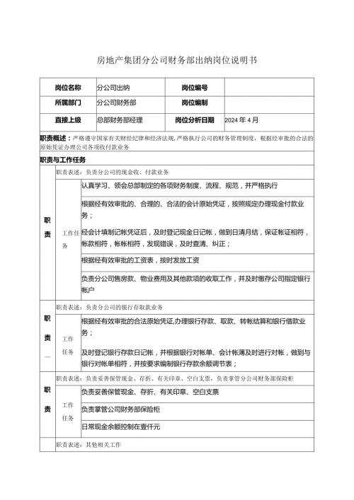 房地产集团分公司财务部出纳岗位说明书.docx
