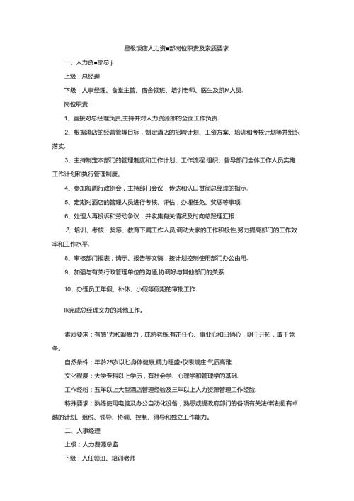 星级饭店人力资源部岗位职责及素质要求.docx