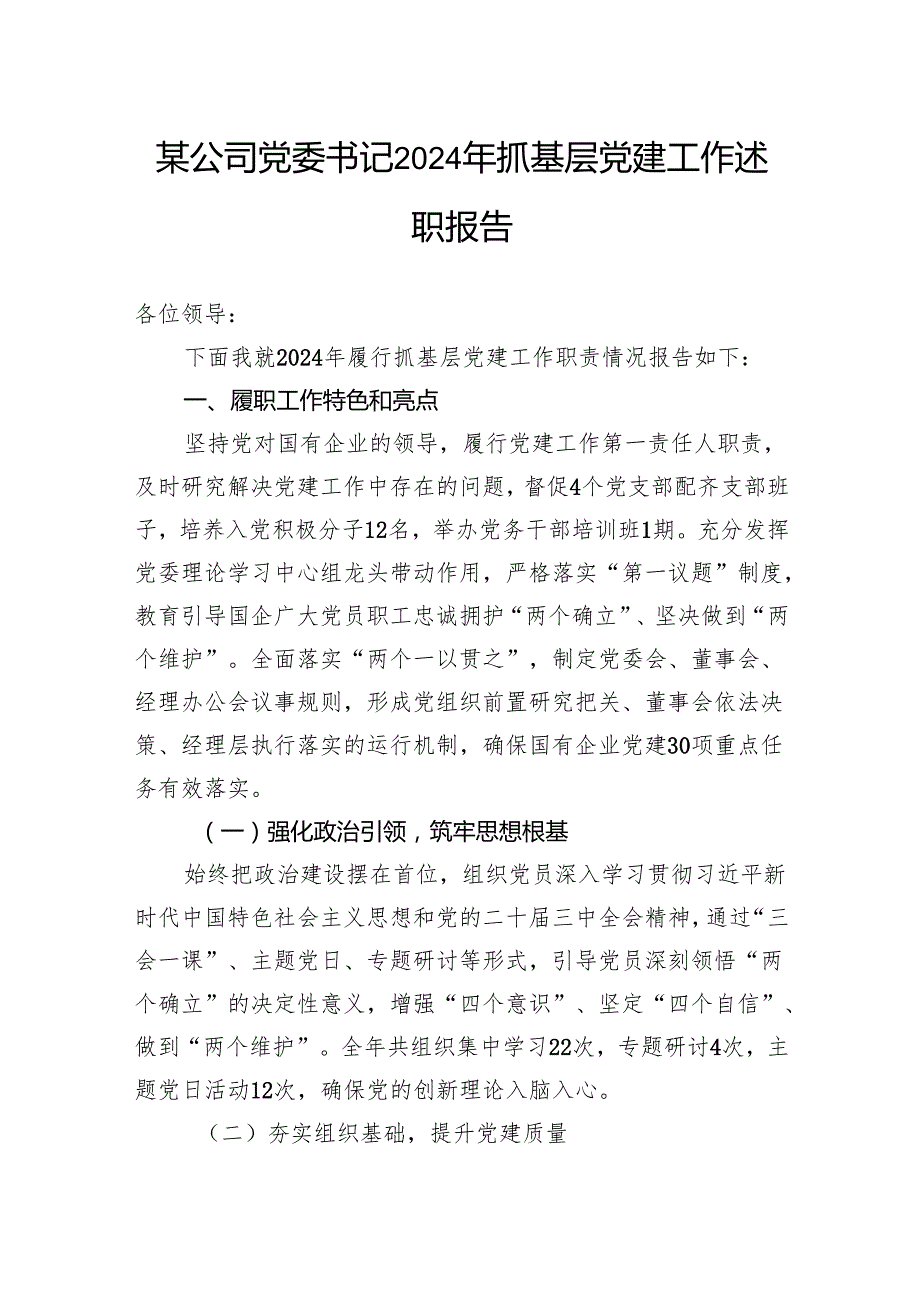 某公司党委书记2024年抓基层党建工作述职报告.docx_第1页