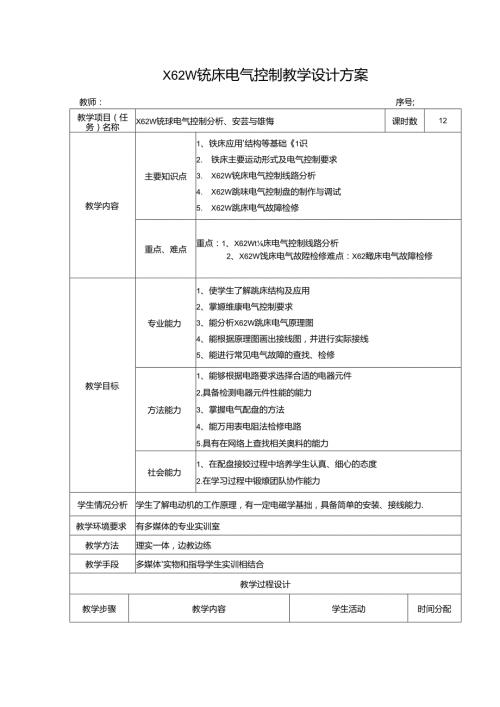 X62W铣床电气控制教学设计方案.docx