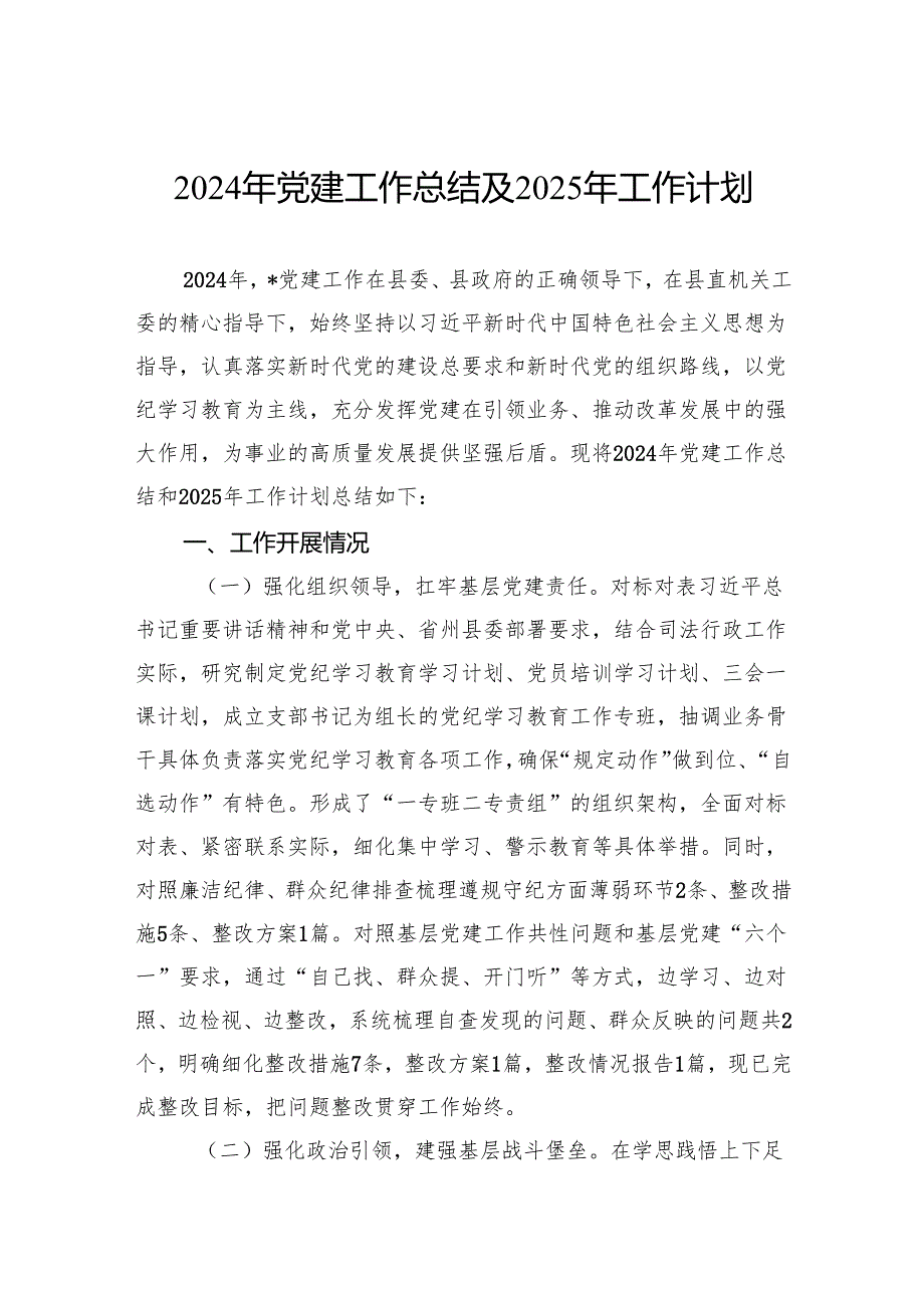 2024年党建工作总结及2025年工作计划(1).docx_第1页
