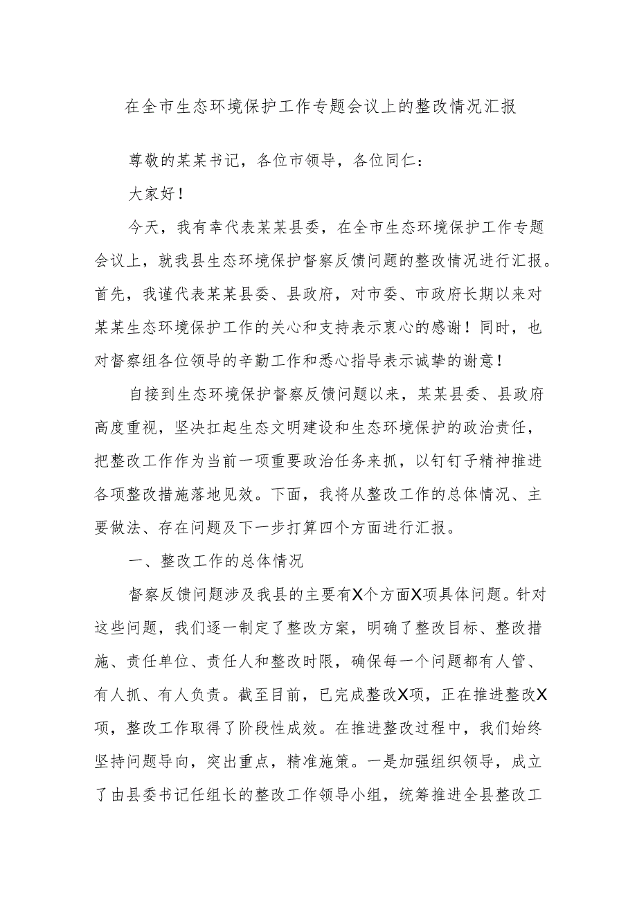 在全市生态环境保护工作专题会议上的整改情况汇报.docx_第1页