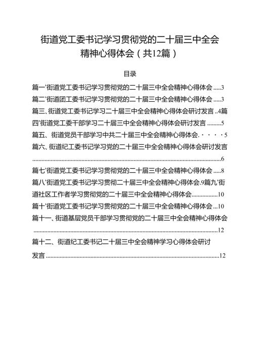街道党工委书记学习贯彻党的二十三中全会精神心得体会（共12篇）.docx
