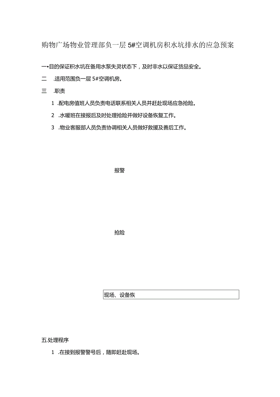 购物广场物业管理部负一层5空调机房积水坑排水的应急预案.docx_第1页