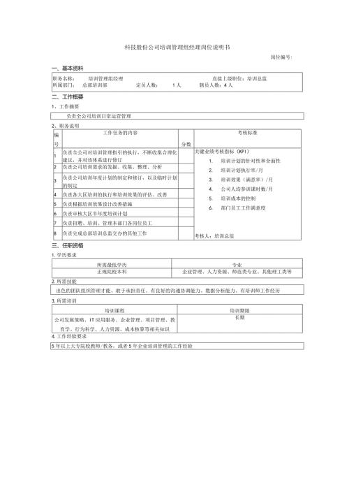 科技股份公司培训管理组经理岗位说明书.docx
