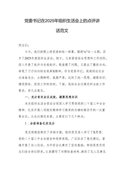 党委书记在2025年组织生活会上的点评讲话范文.docx