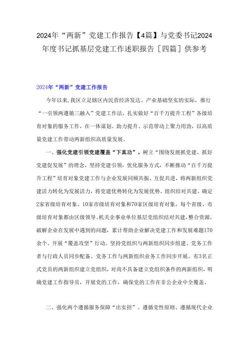 2024年“两新”党建工作报告【4篇】与党委书记2024书记抓基层党建工作述职报告[四篇]供参考.docx
