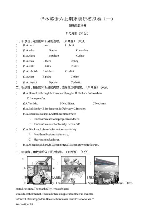 江苏版译林6A上册期末测试卷.docx
