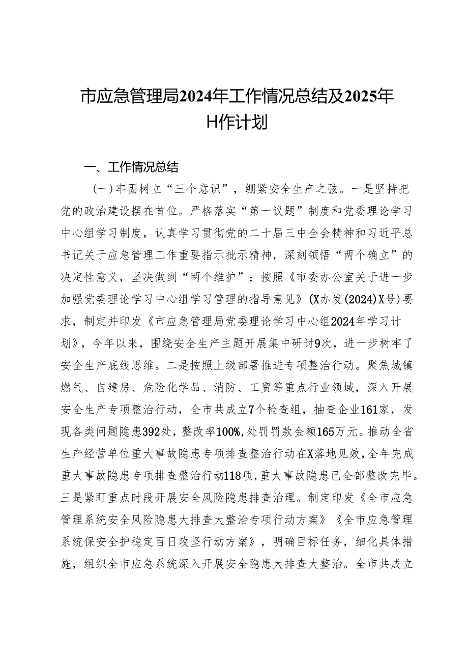 市应急管理局2024年工作情况总结及2025年工作计划.docx_第1页