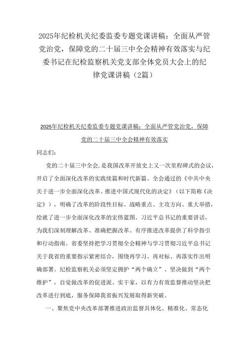 2025年纪检机关纪委监委专题党课讲稿：全面从严管党治党保障党的二十三中全会精神有效落实与纪委书记在纪检监察机关党支部全体党员大会上.docx