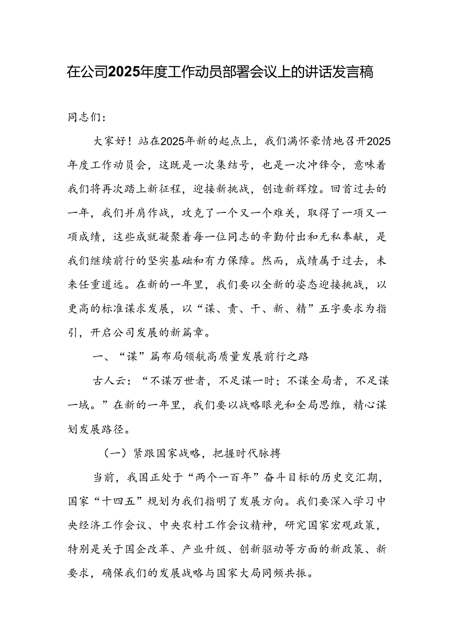 在公司2025工作动员部署会议上的讲话发言稿.docx_第1页