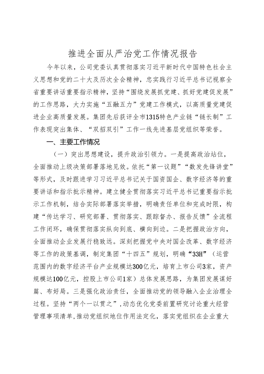 国企公司推进全面从严治党工作情况总结报告20242025.docx_第1页