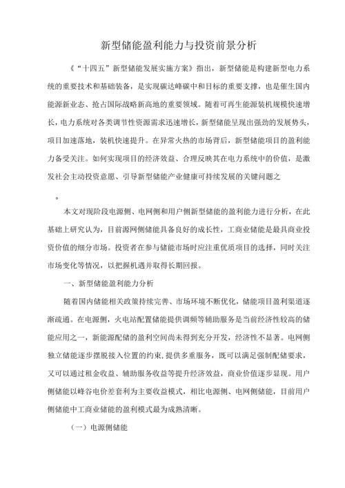 新型储能盈利能力与投资前景分析.docx