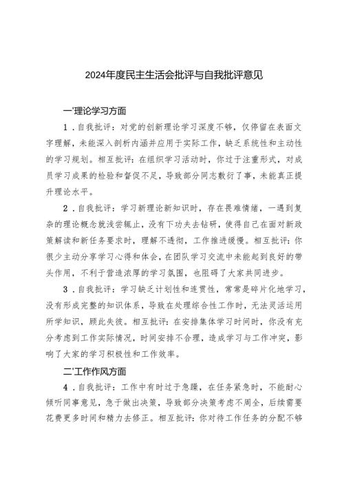 20242025民主生活会批评与自我批评意见50条.docx