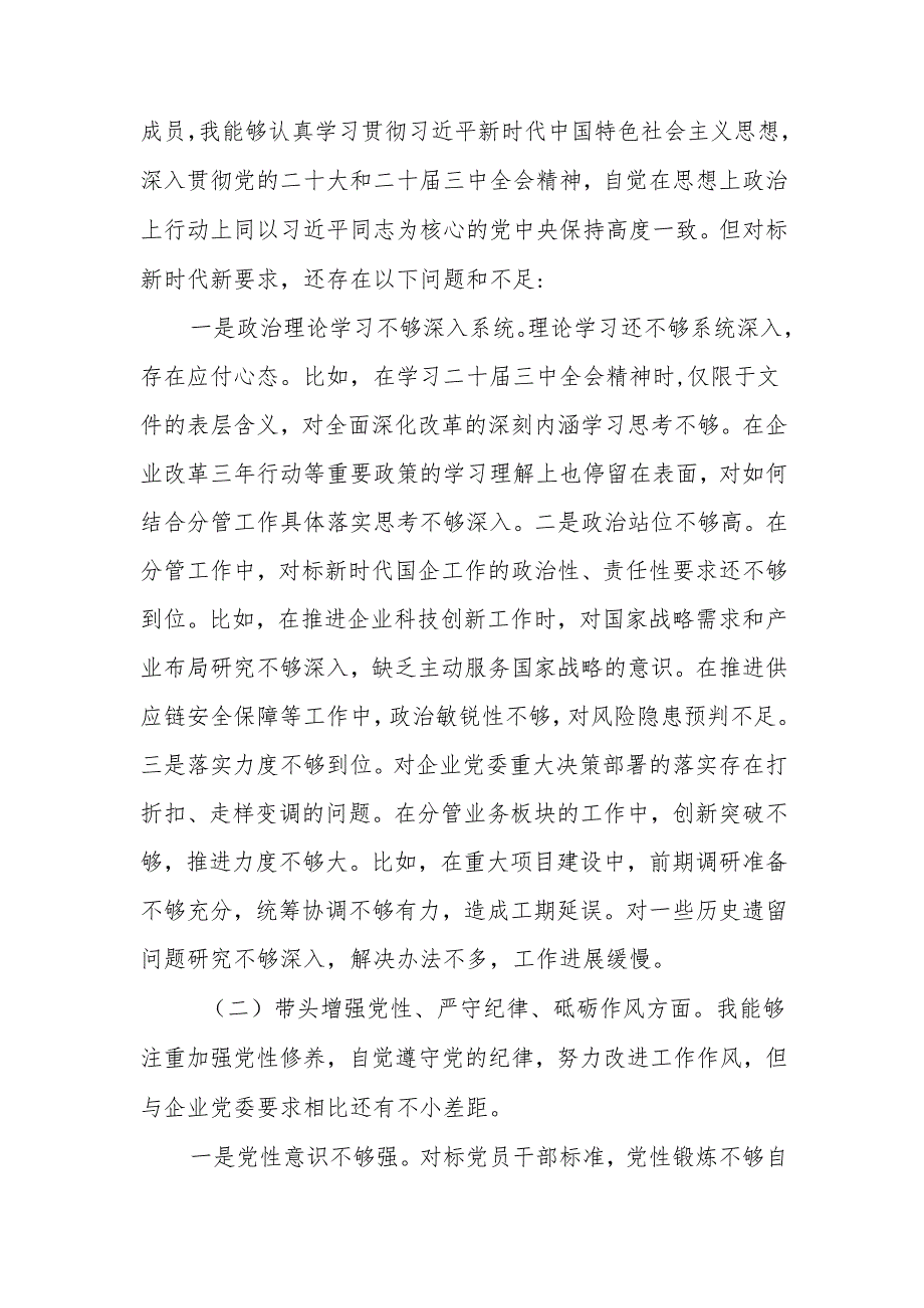 公司副总经理2024民主生活会个人（四个带头）对照检查材料.docx_第3页