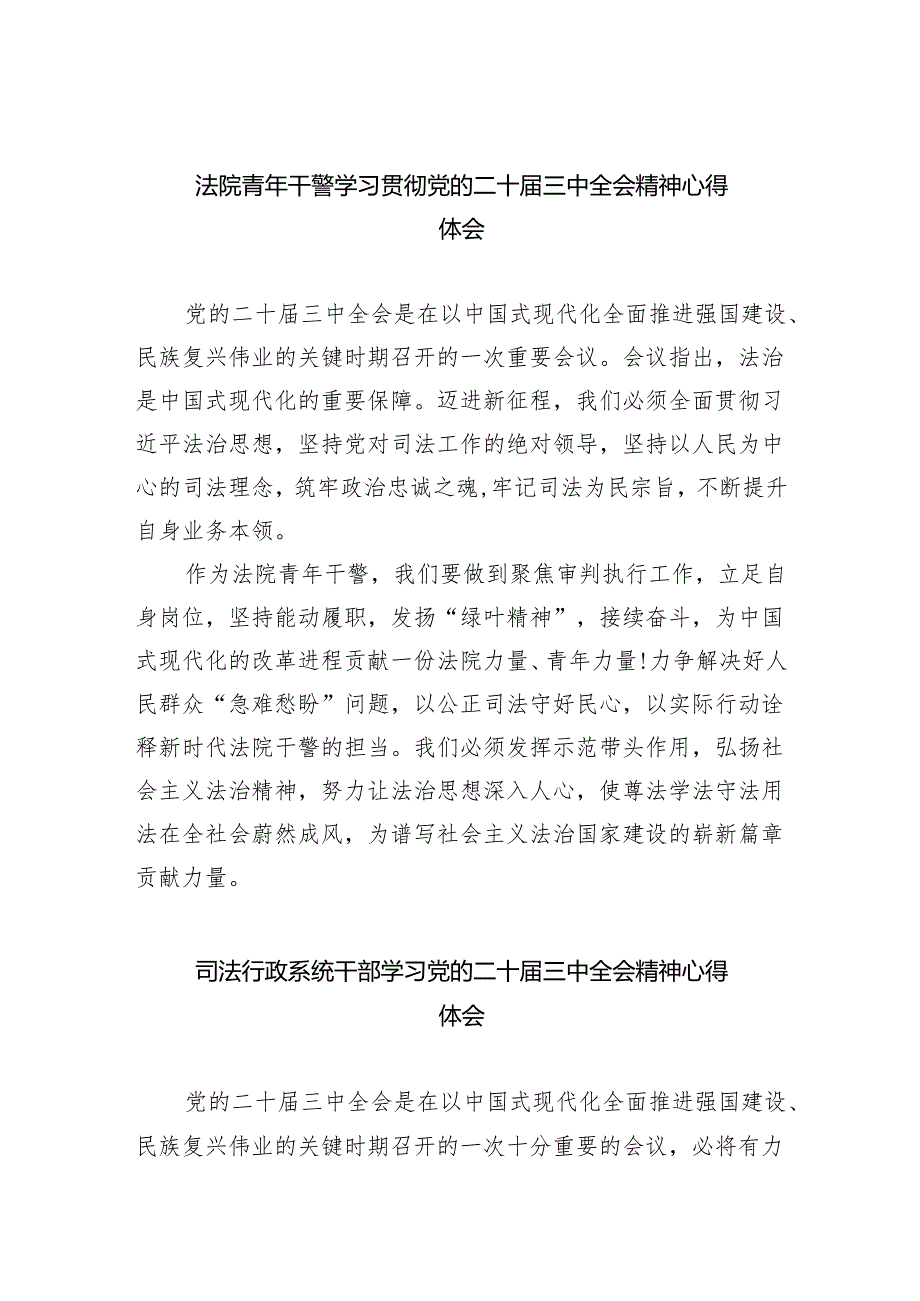 法院青年干警学习贯彻党的二十三中全会精神心得体会【八篇精选】供参考.docx_第1页