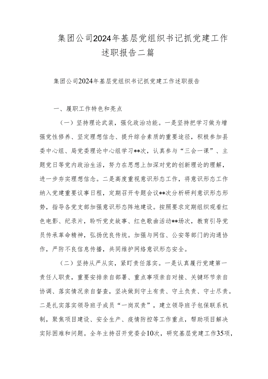 集团公司2024年基层党组织书记抓党建工作述职报告二篇.docx_第1页