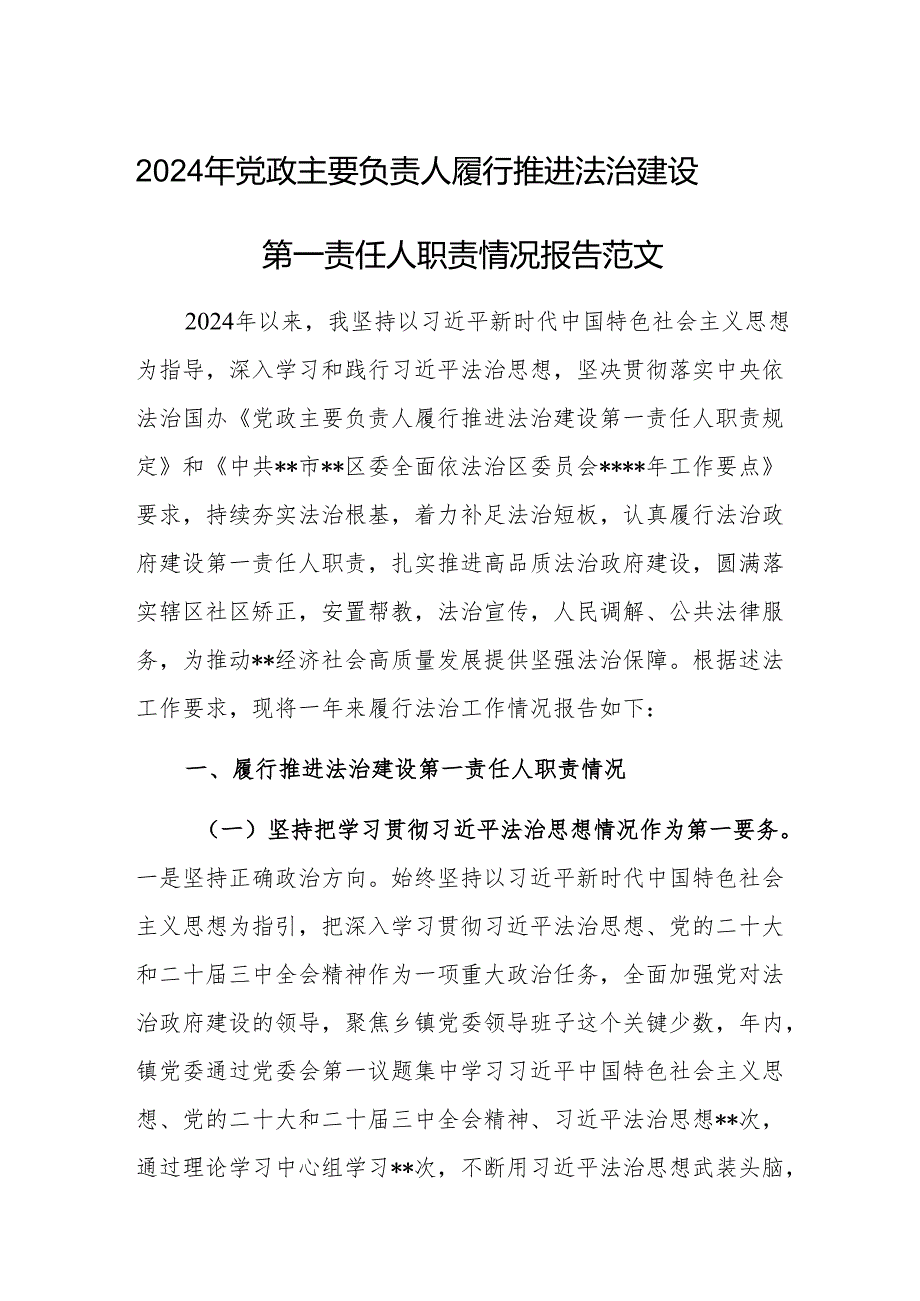 2024年党政主要负责人履行推进法治建设第一责任人职责情况报告范文.docx_第1页